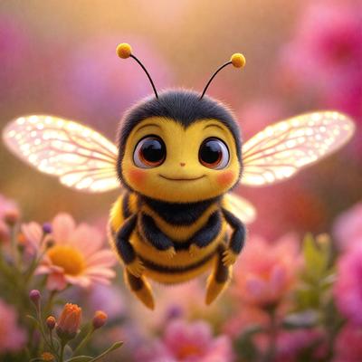 The primary subject of the image is a cute, cartoon-like bee with a yellow face and black wings. The bee is flying in a pink flower field, which serves as the setting for the scene. The visual style of the image is digital art, as it appears to be a computer-generated illustration. The dominant colors in the image are pink and yellow, creating a cheerful and lively atmosphere.